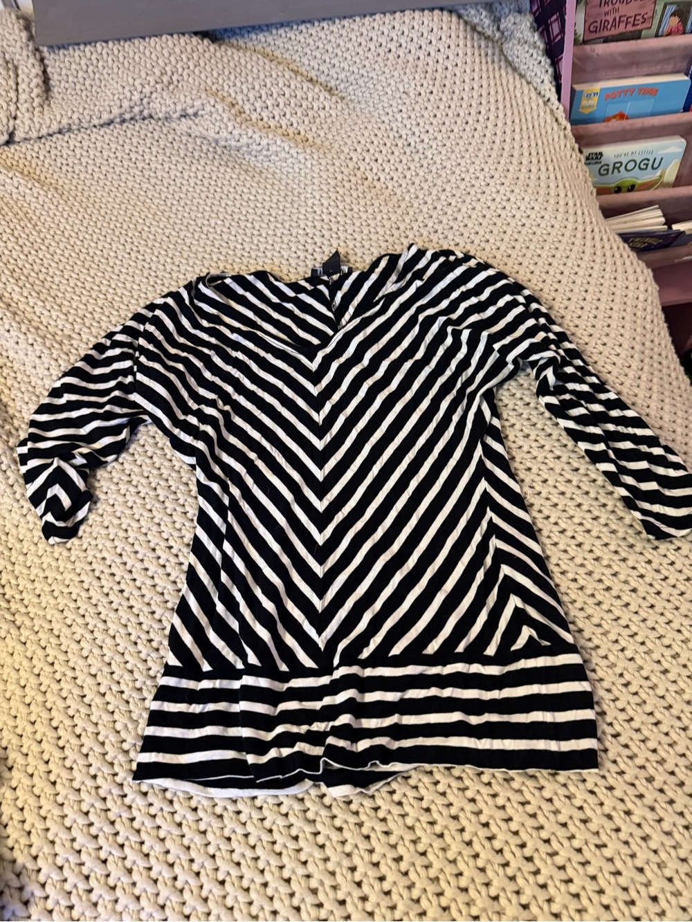 White House Black Market Black and White Striped V-Neck Tunic